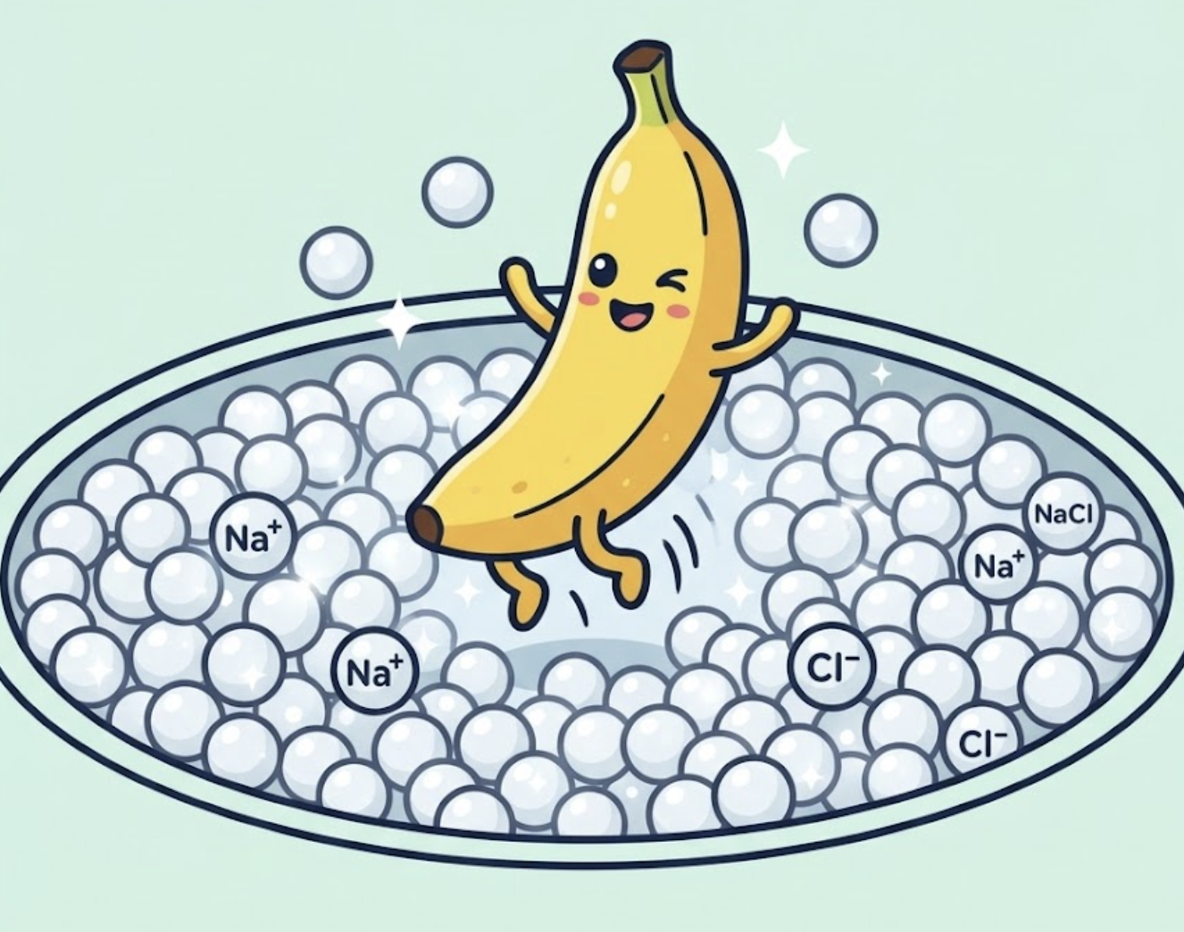 Cartoon membrane with sodium and potassium ions and a banana showing the voltage